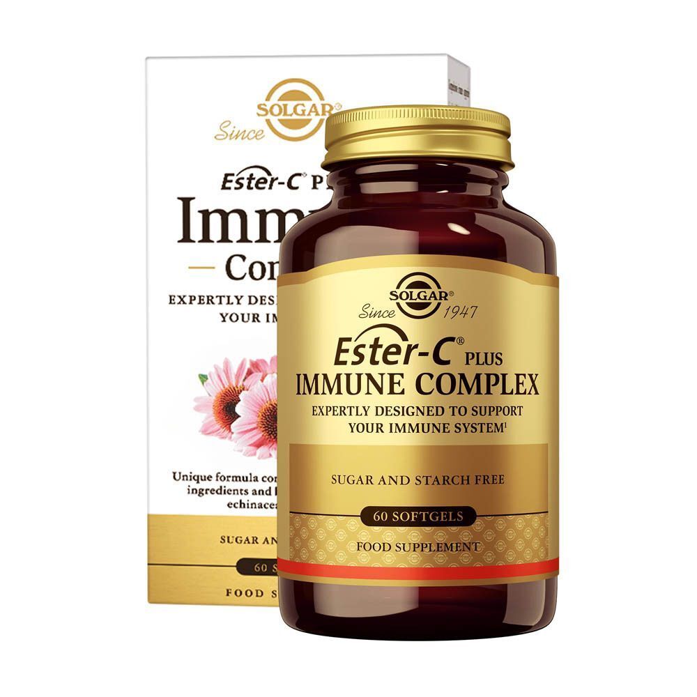 Flacon et emballage Solgar Ester-C Plus Immune Complex. Flacon en verre brun avec bouchon et étiquette dorés.