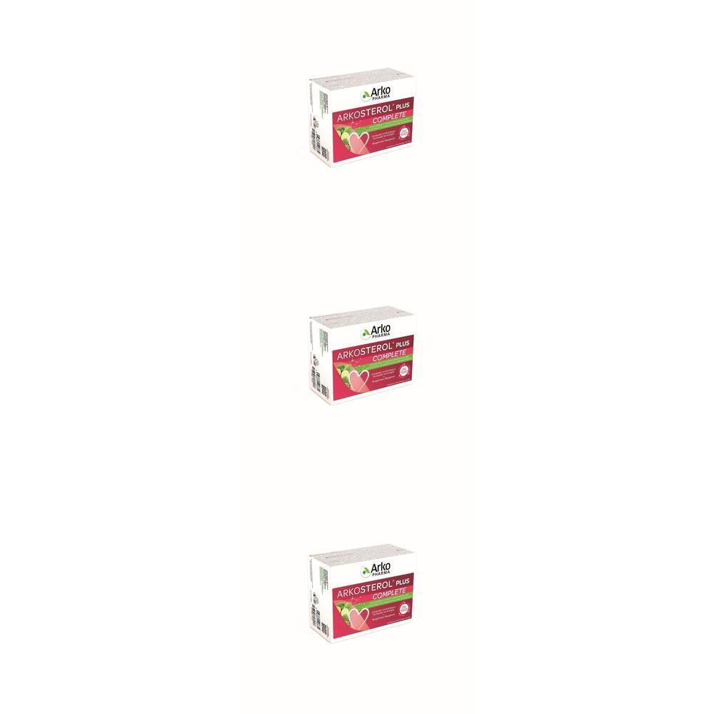Drie dozen Arkopharma Arkosterol® Plus Complete. Witte dozen met rode en groene tekst. Merk zichtbaar.