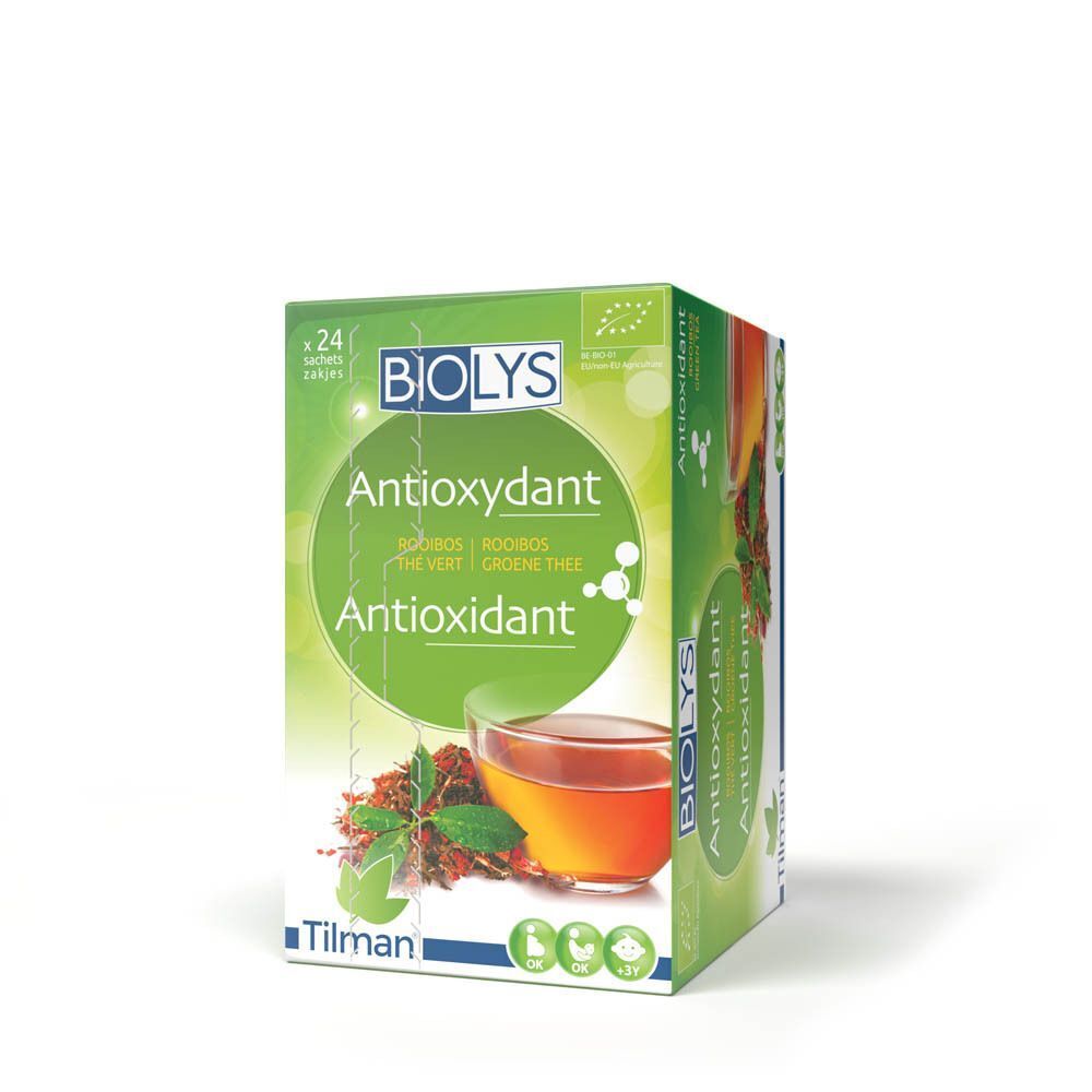 Groene doos Biolys Antioxydant thee. 24 zakjes. Rooibos, groene thee. Bio-label. Tilman logo.