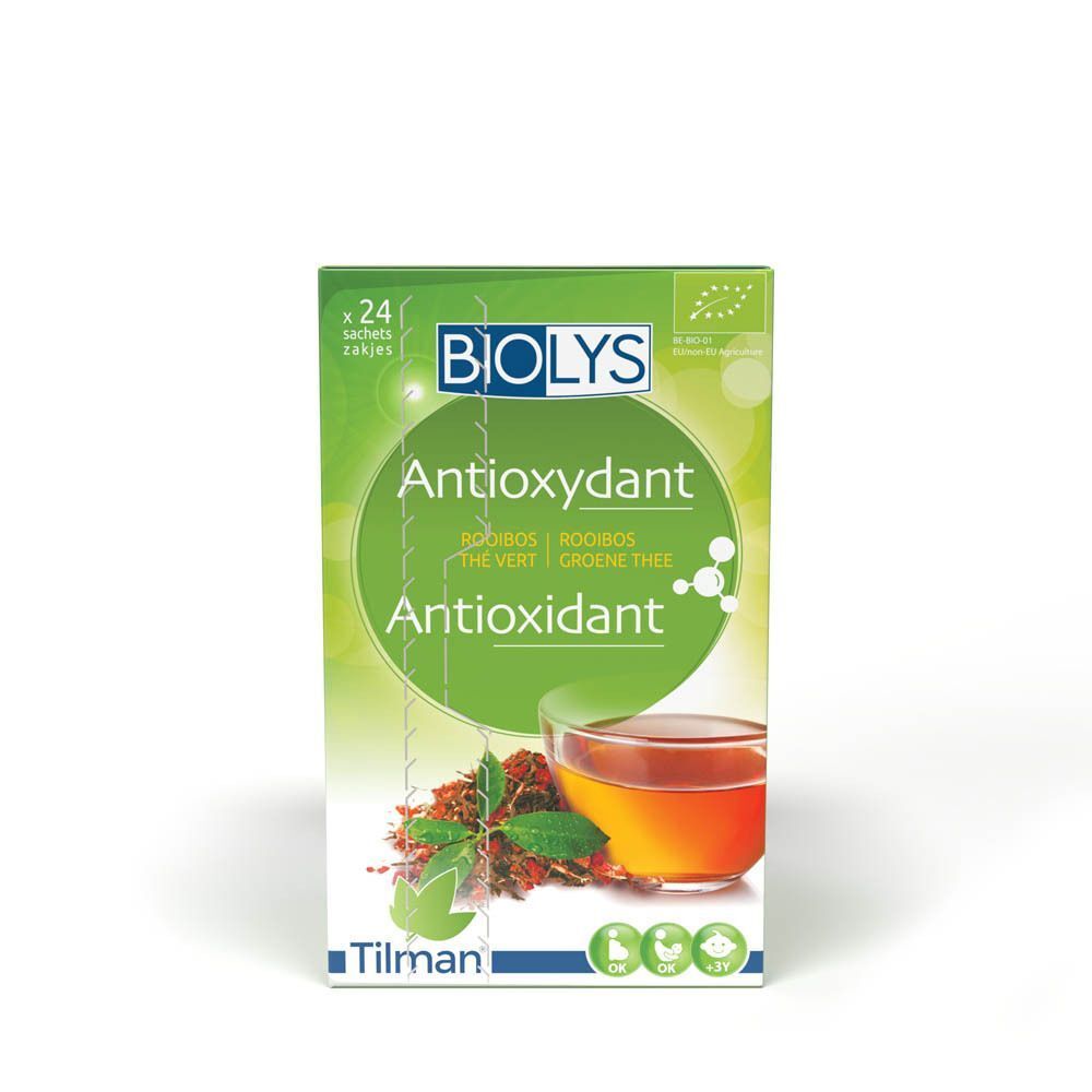 Boîte verte Biolys Thé Antioxydant. 24 sachets. Rooibos, thé vert. Label bio. Logo Tilman.