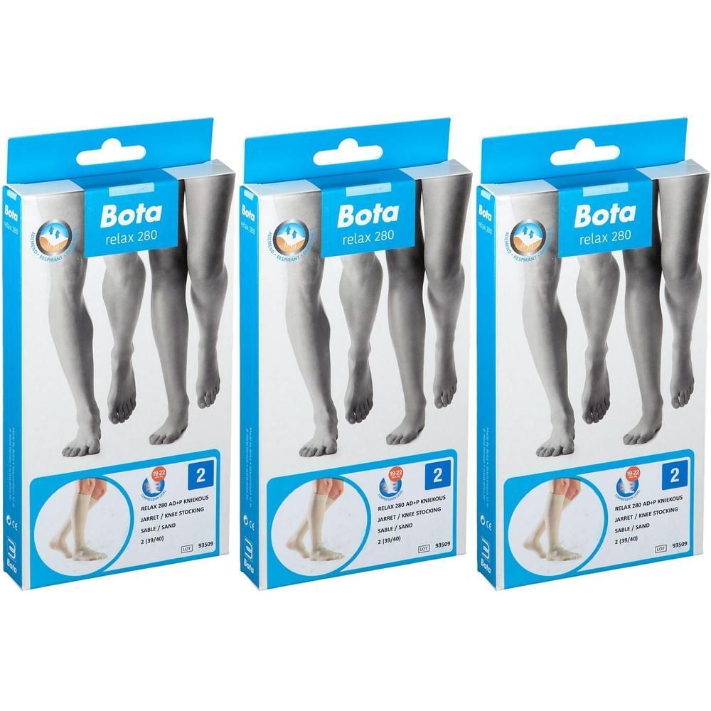 Drie verpakkingen met compressiekousen. Elke verpakking toont "Bota relax 280". De kousen zijn maat 2.