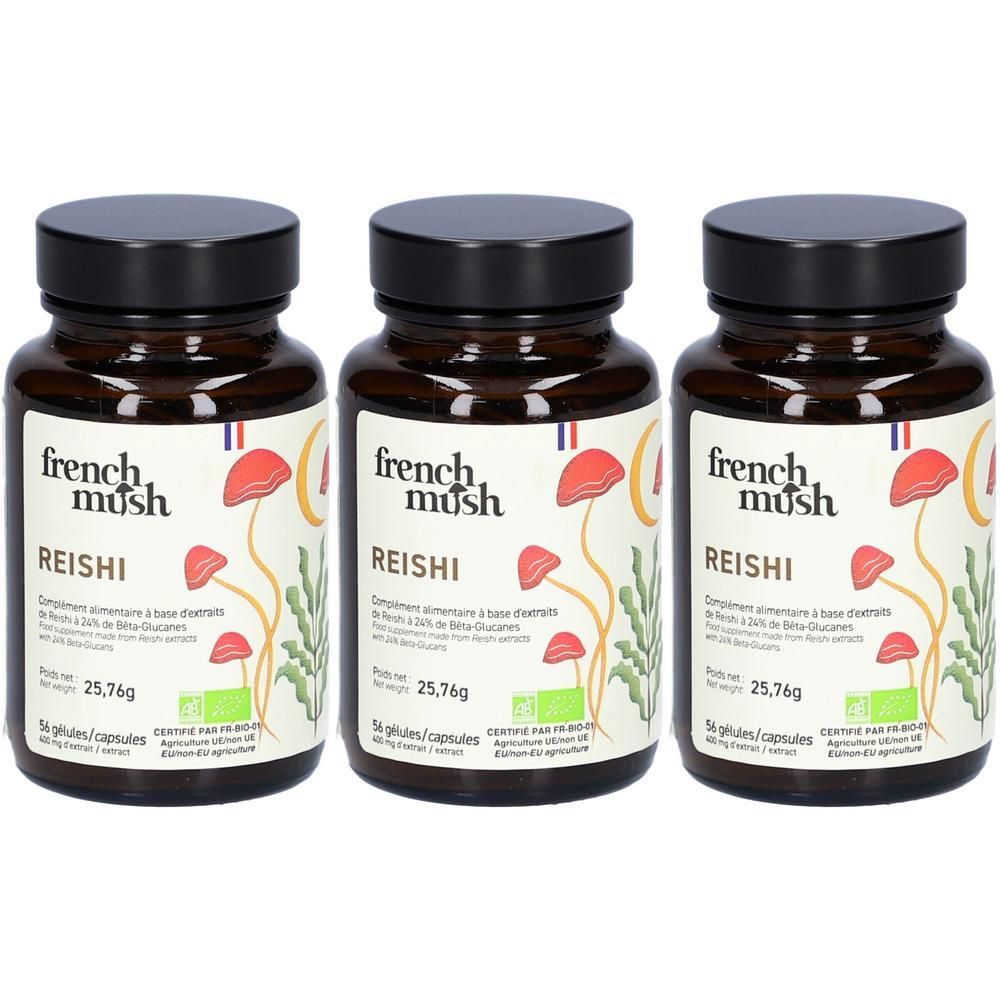 Drie bruine flessen met zwarte doppen. De etiketten tonen "french mush REISHI".