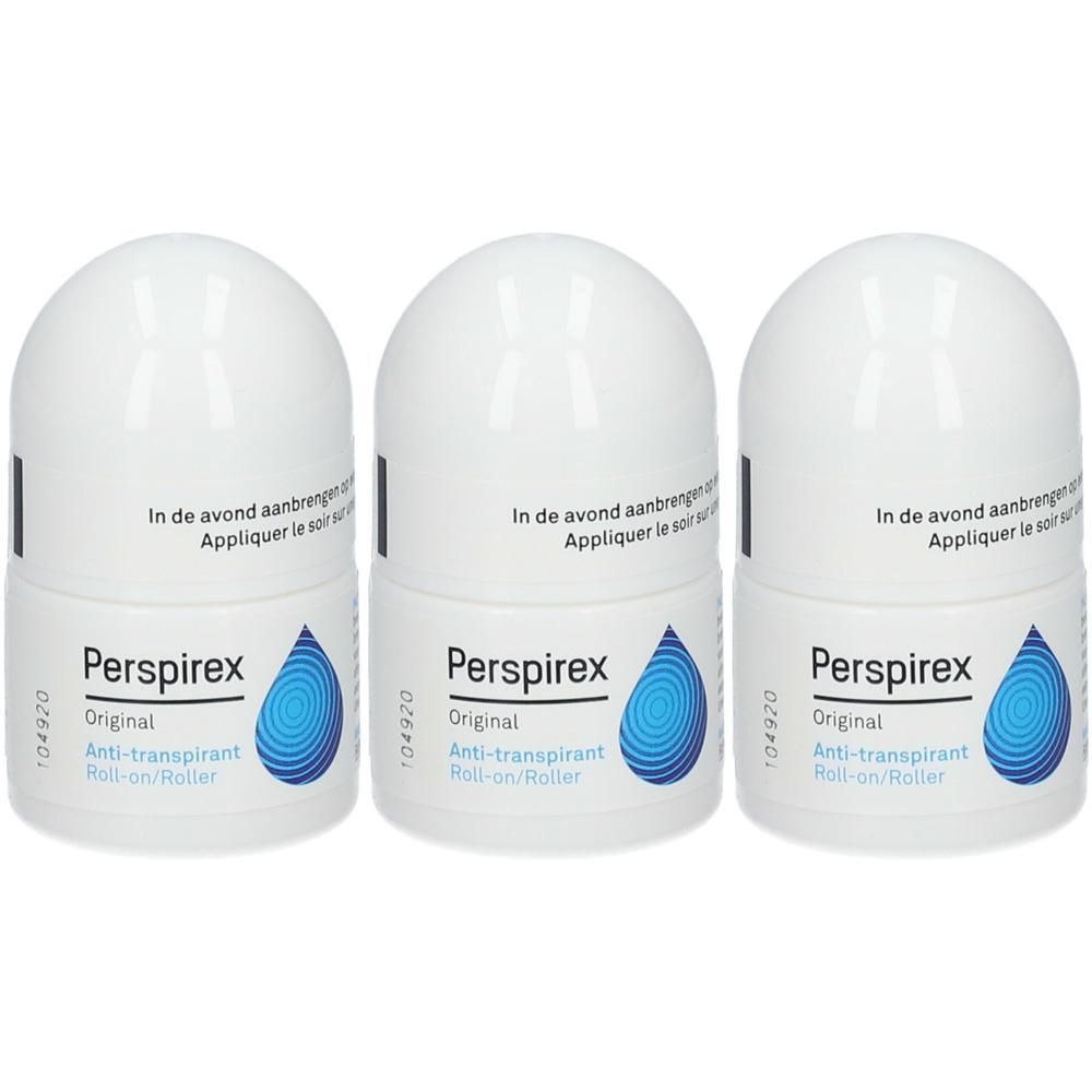 Trois déodorants roll-on blancs. Inscription : Perspirex Original Anti-transpirant Roll-on/Roller. Graphique goutte bleue.