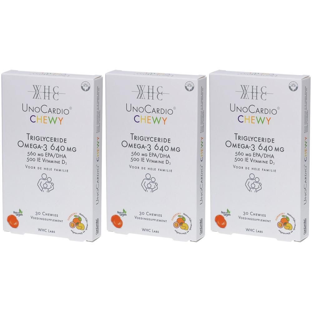 Trois boîtes blanches "UnoCardio CHEWY Triglyceride Omega-3 640 mg". Contient 30 capsules. Inscriptions multilingues.
