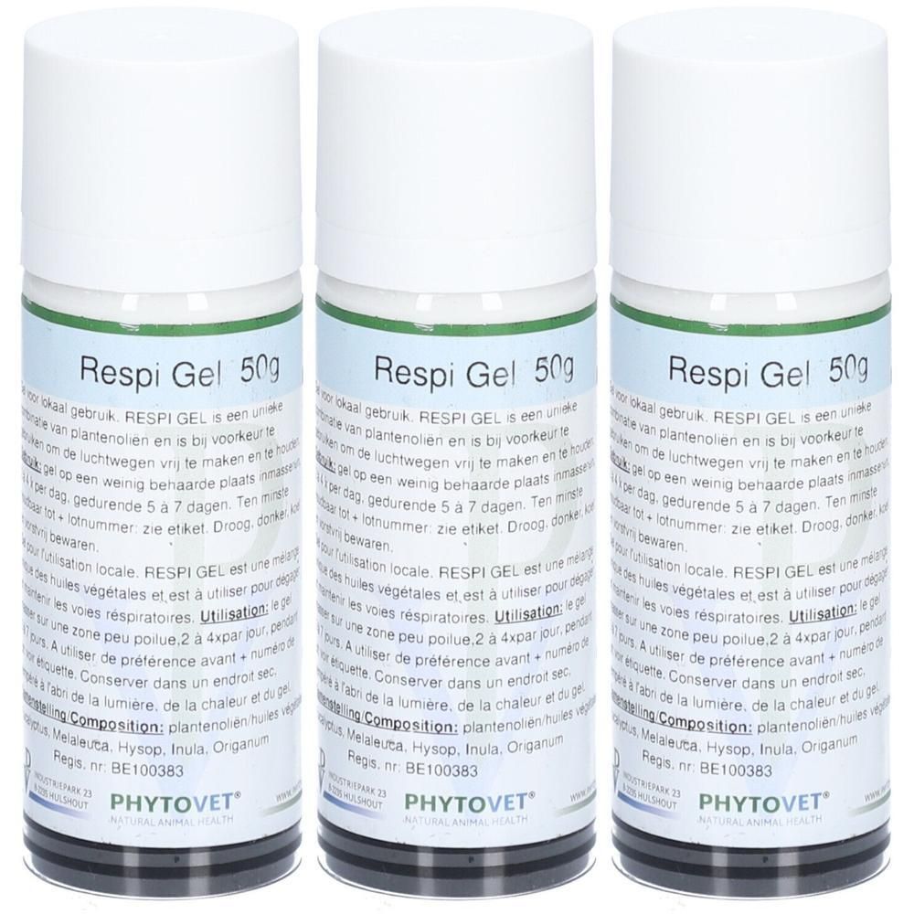 Drie witte flessen met groene band. Opschrift: Respi Gel 50g. Daaronder tekst in meerdere talen. Merk: PHYTOVET.