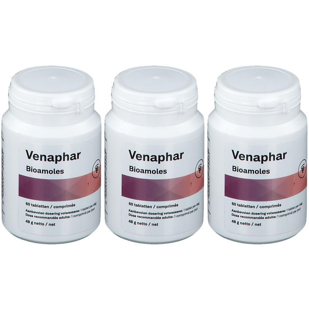 Drie witte pillenpotten met klapdeksels. Opschrift "Venaphar Bioamoles". Etiket met tekst en logo. 60 tabletten.