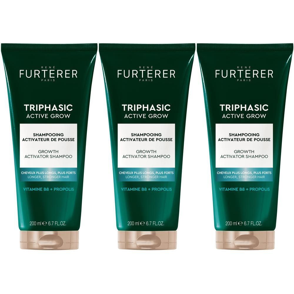 Trois tubes de shampooing vert. Inscription: Triphasic Active Grow, Shampooing Activateur de pousse. 200 ml.