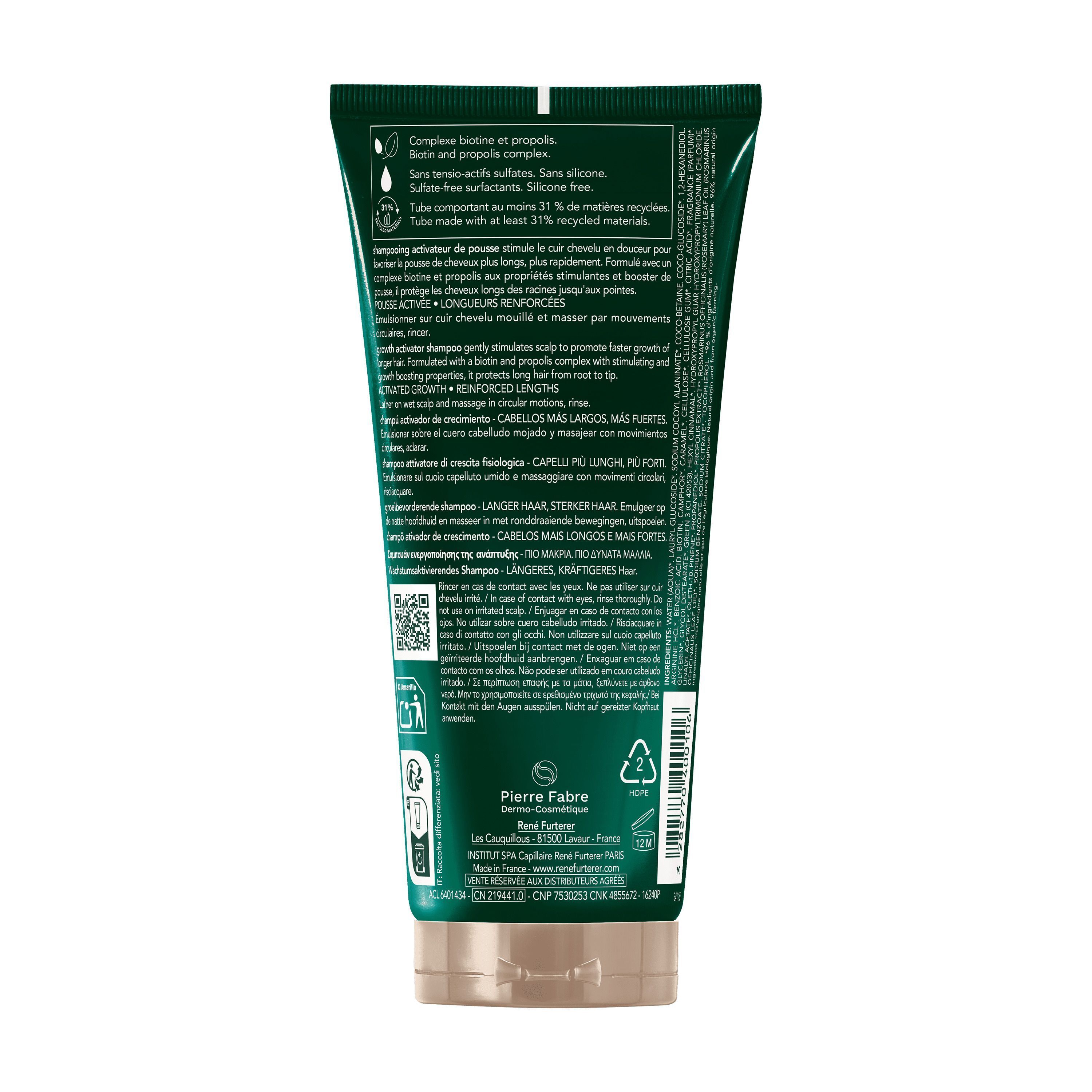 Dos d'un tube de shampooing vert. Texte multilingue. Informations sur les ingrédients et le recyclage.