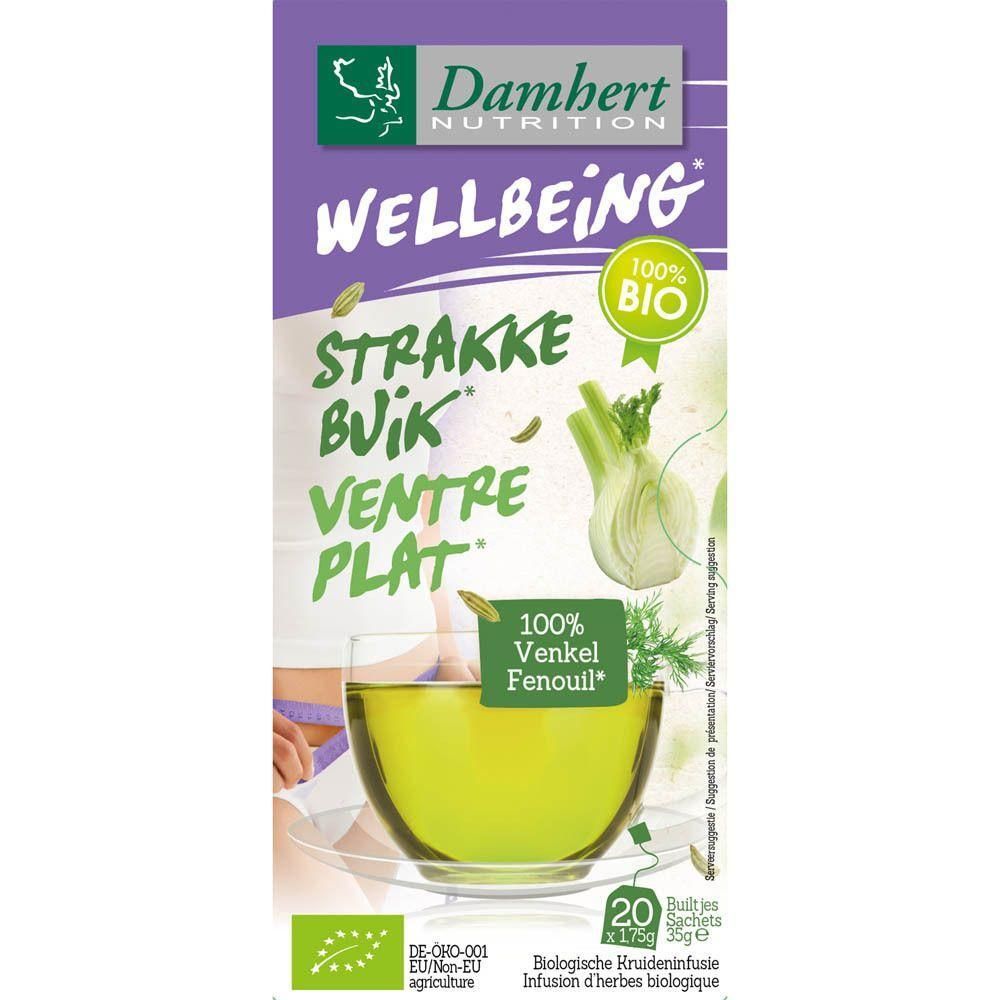 Emballage de Damhert Tea Time Fenouil. Inscription : Wellbeing, 100% Bio, Strakke Buik, Ventre Plat. 20 sachets. 100% Fenouil.