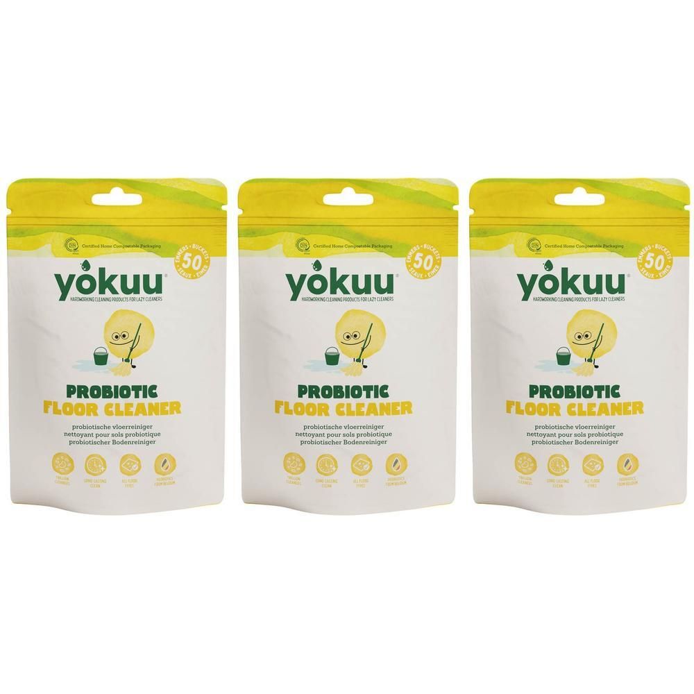 Drie zakjes Yokuu probiotische vloerreiniger. Wit, met gele accenten. Logo en productnaam duidelijk zichtbaar.