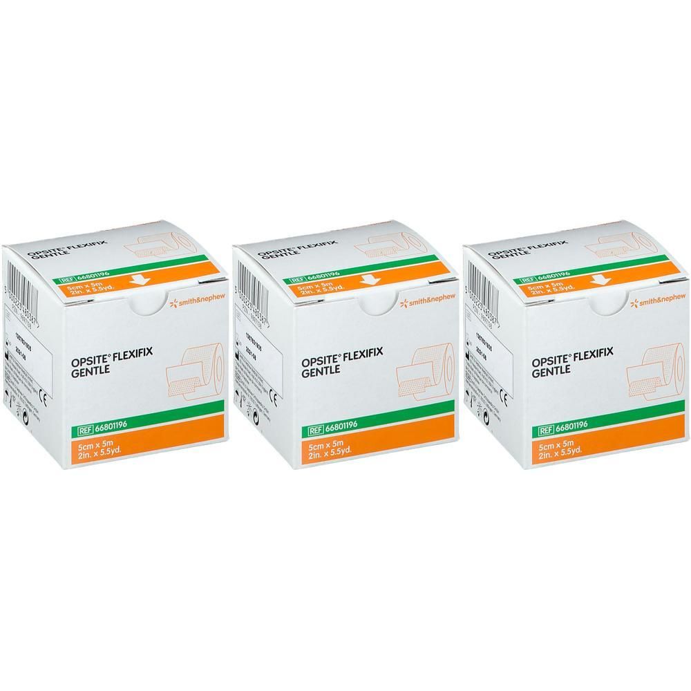 Trois boîtes OPSITE FLEXIFIX GENTLE. Inscription : 5cm x 5m. Accents vert et orange. Code produit 66801196.