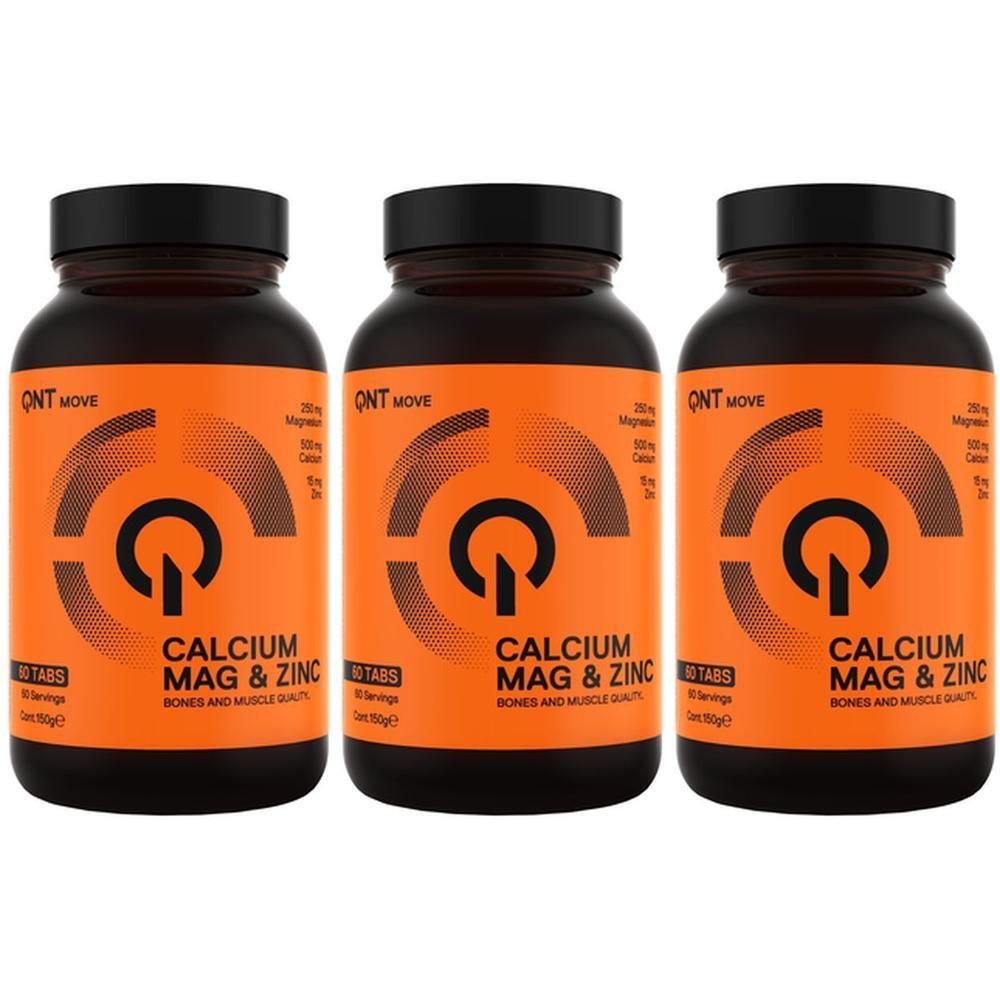 Trois flacons avec couvercles noirs. Étiquette orange : QNT MOVE, Calcium Mag & Zinc. 90 comprimés, 30 portions.