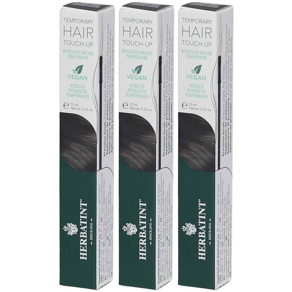 Drie verpakkingen Herbatint Hair Touch Up. Opschrift: Temporary Hair Touch-Up, Vegan. Zwarte haarkleur. Groen-witte verpakking.