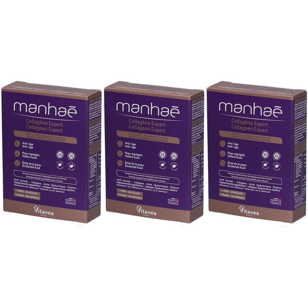 Drie dozen Manhaé Collagène Expert. Paarse en bruine verpakking met productinformatie. Merk en productnaam duidelijk zichtbaar.