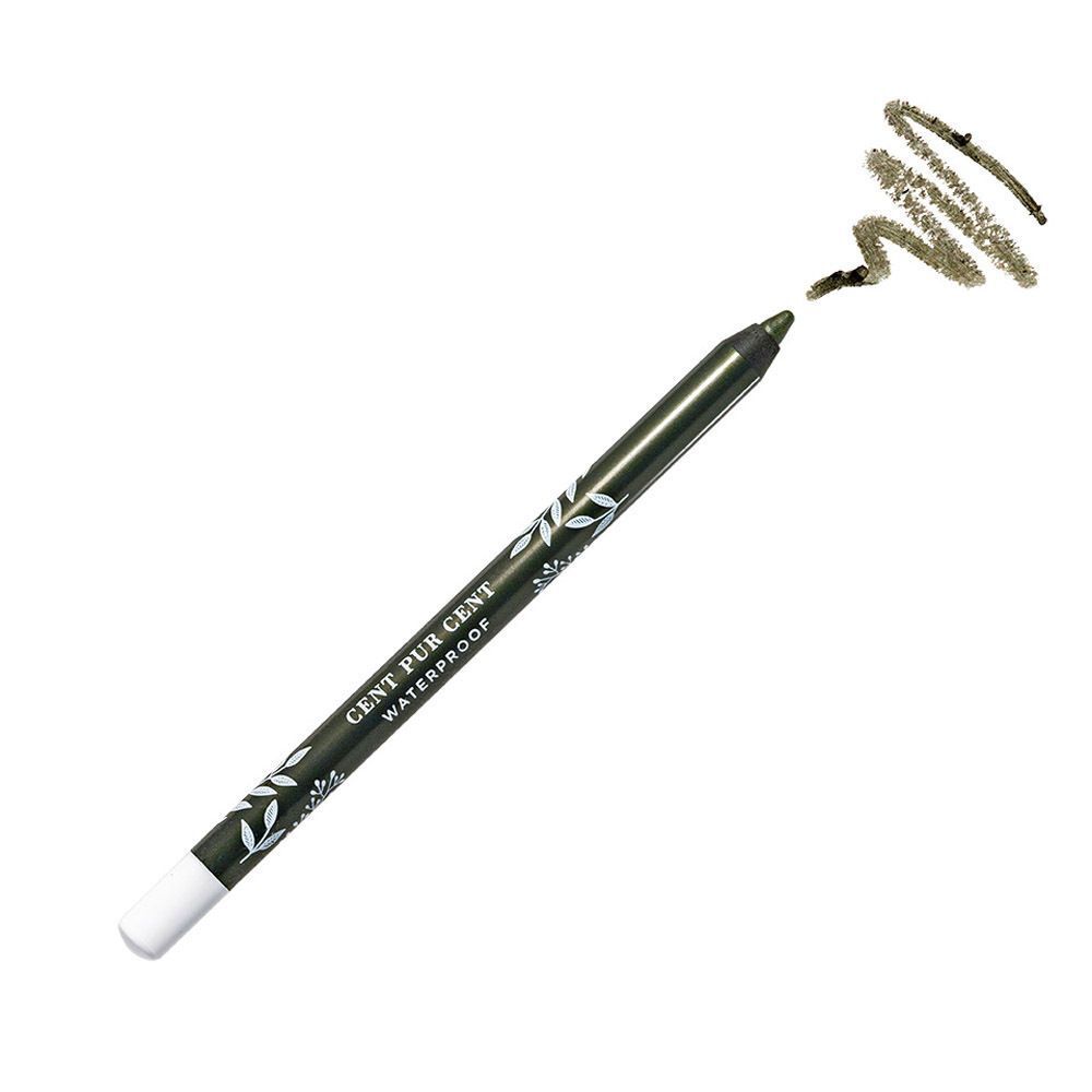 Crayon pour les yeux, corps vert, embout blanc. Inscription CENT PUR CENT WATERPROOF. Test.