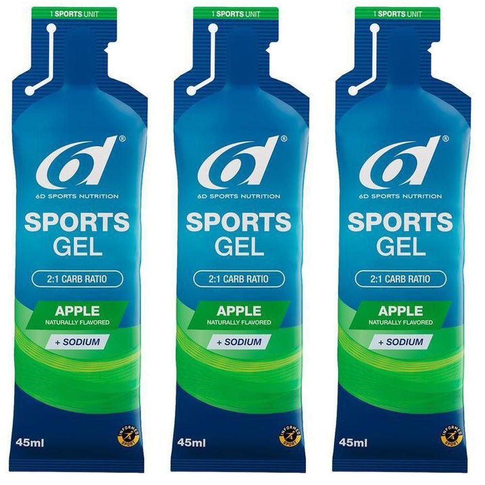 Drie blauwe gelzakjes met groene accenten. Opschrift: Sports Gel, Apple, 2:1 Carb Ratio, 45ml. Merk: 6d Sports Nutrition.