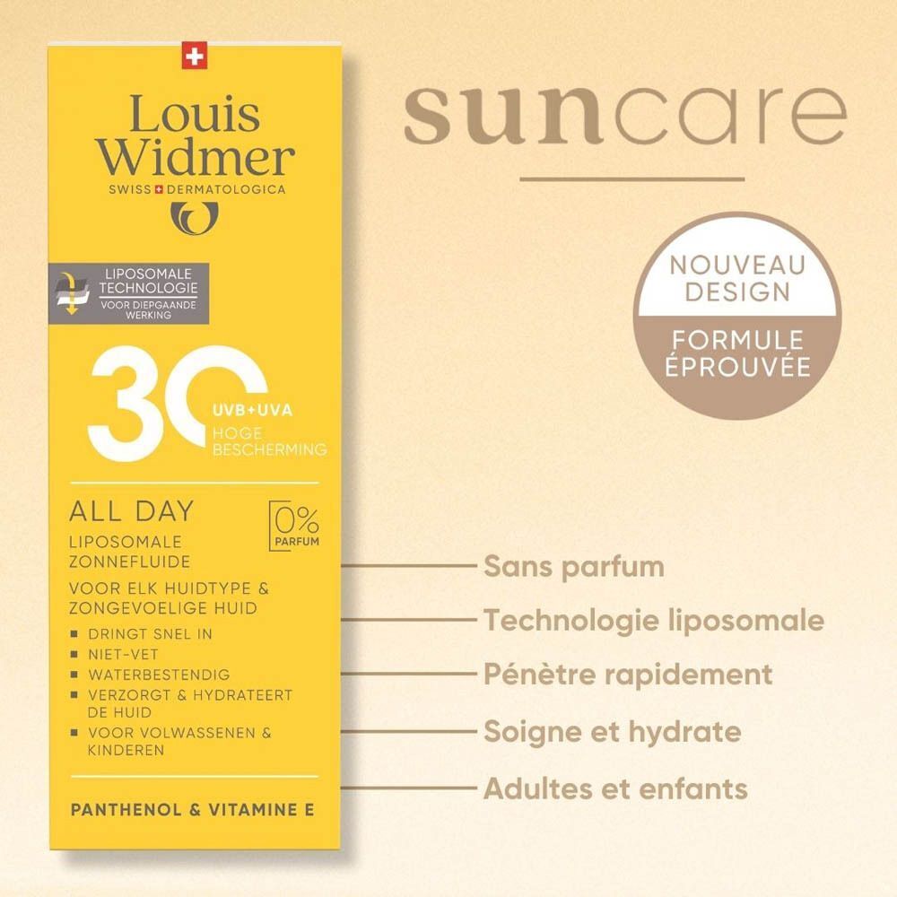 Emballage jaune Louis Widmer All Day 30. Texte: 30, All Day, lait solaire liposomale. Avec 0% parfum.
