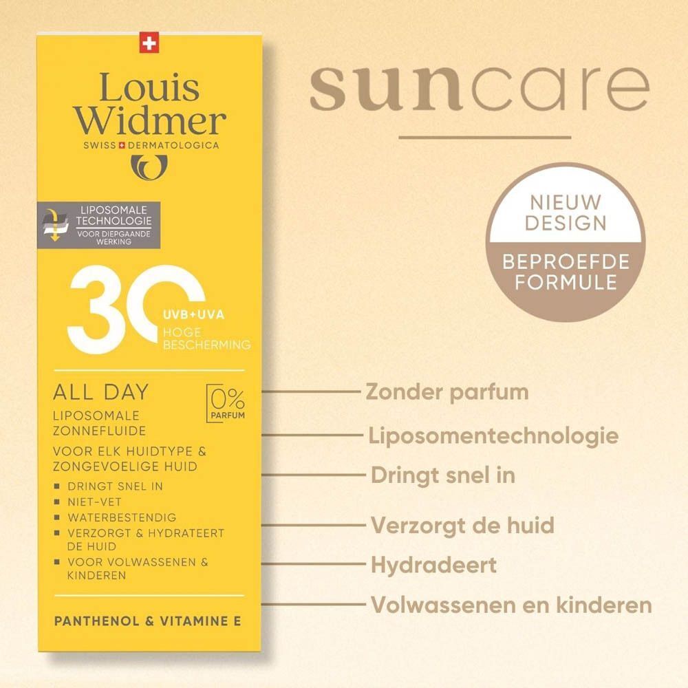 Gele verpakking Louis Widmer All Day 30. Tekst: 30, All Day, liposomale zonnefluïde. Met 0% parfum.