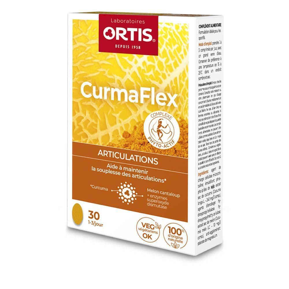 Boîte Ortis CurmaFlex. Inscription: Articulations, 30 comprimés. Logos: Veg OK, 100% ingrédients naturels.