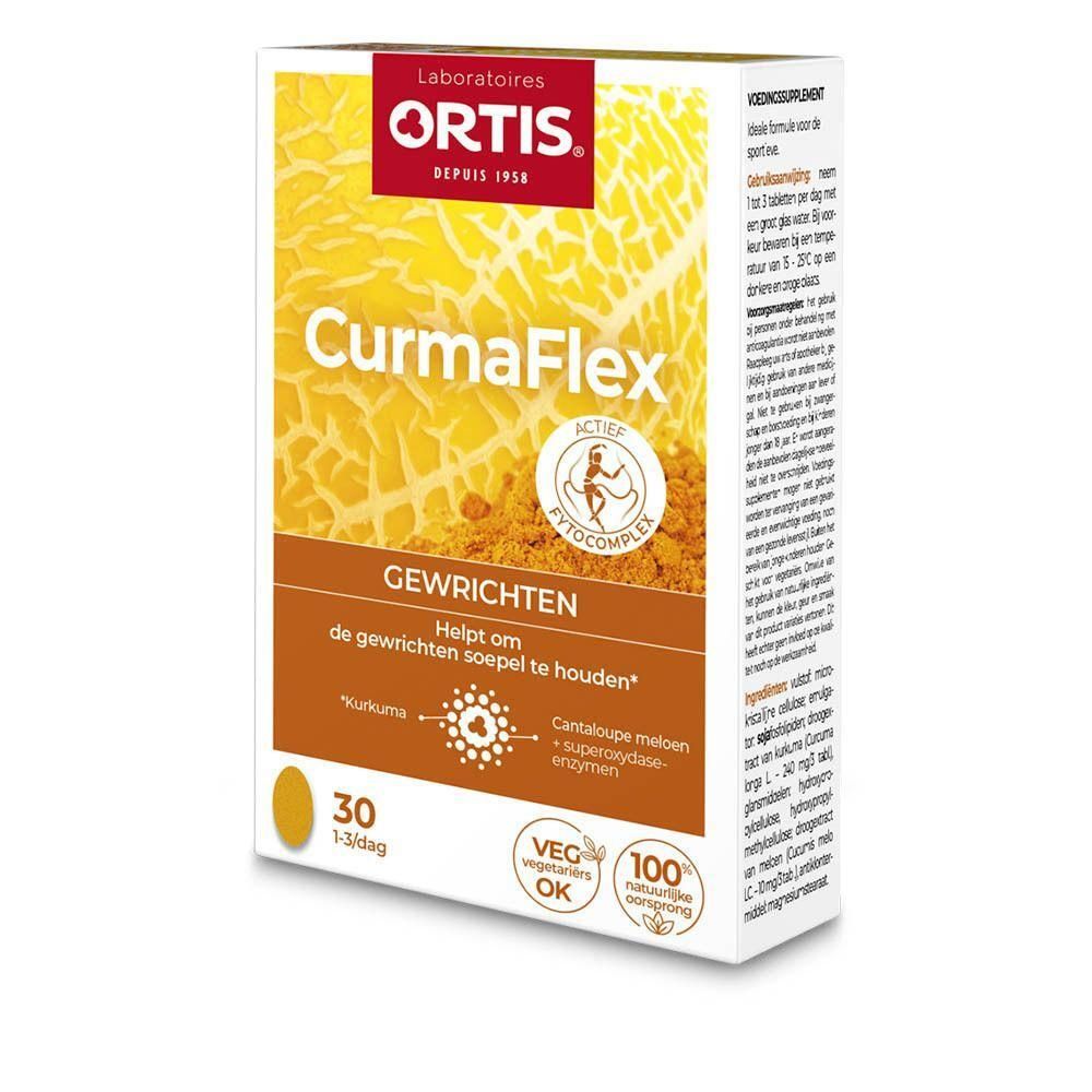 Doos Ortis CurmaFlex. Opschrift: Gewrichten, 30 tabletten. Logo's: Veg OK, 100% natuurlijke ingrediënten.