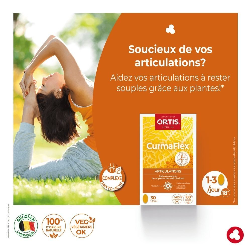 Boîte de CurmaFlex pour articulations, 30 gélules. Laboratoire belge, 100% origine naturelle, végétarien.