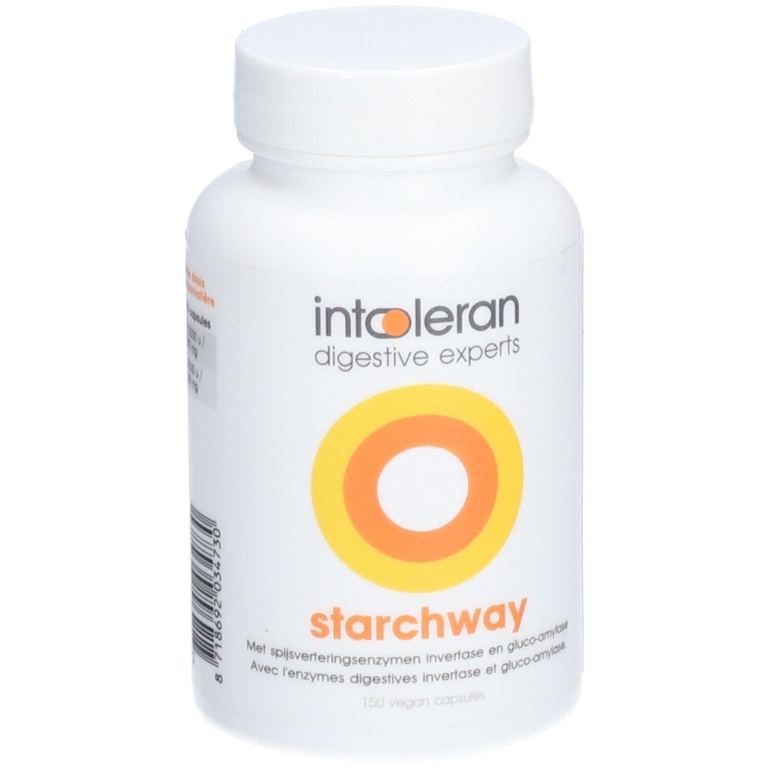 Flacon blanc avec "Intoleran" et "starchway". Logo jaune-orange. Contient 150 gélules végétales.