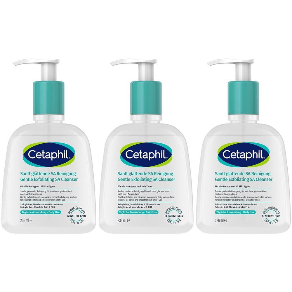Trois flacons de Cetaphil® Nettoyant SA lissant doux. Flacons blancs avec pompes bleu-vert. Inscription: Cetaphil, Nettoyant SA lissant doux.