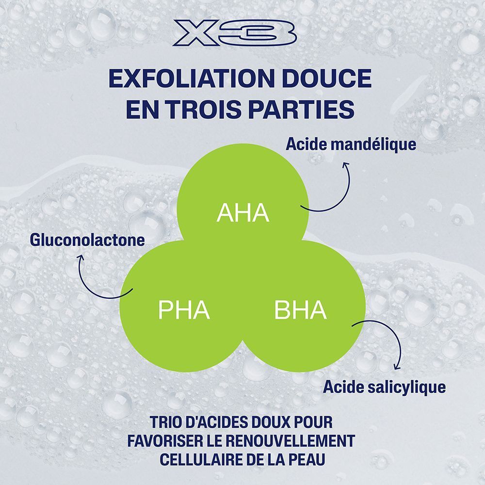 Graphique avec trois cercles verts qui se chevauchent. Étiquettes: AHA, PHA, BHA, acide mandélique, acide salicylique, gluconolactone. Texte: Trio d'acides doux.