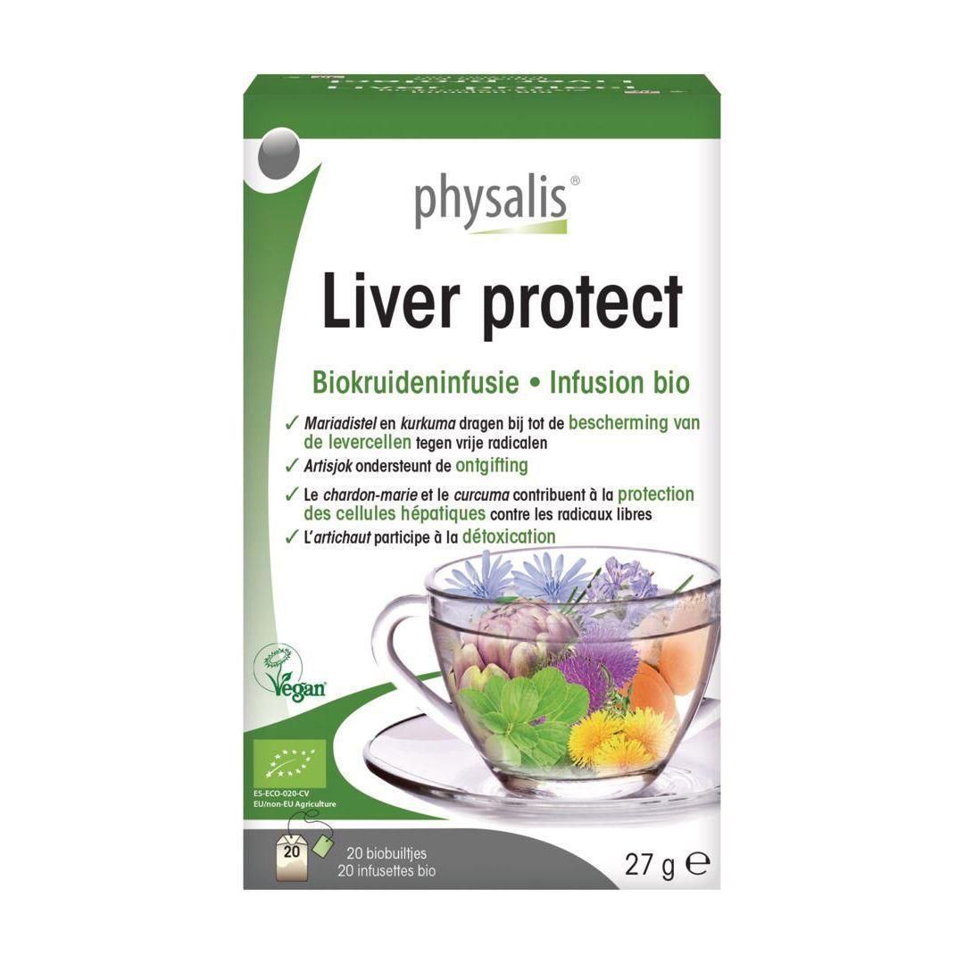 Boîte verte « Liver protect ». Infusion bio aux herbes. Logo Vegan. 20 sachets, 27 g.