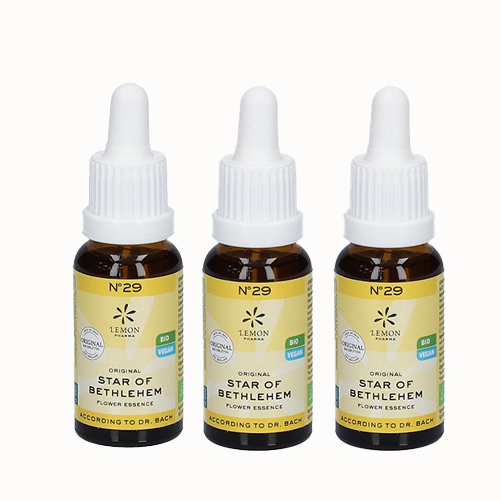 Drie flesjes met druppelaar. Opschrift: N°29, Star of Bethlehem, Flower Essence, Bio, Vegan. Merk: Lemon Pharma.