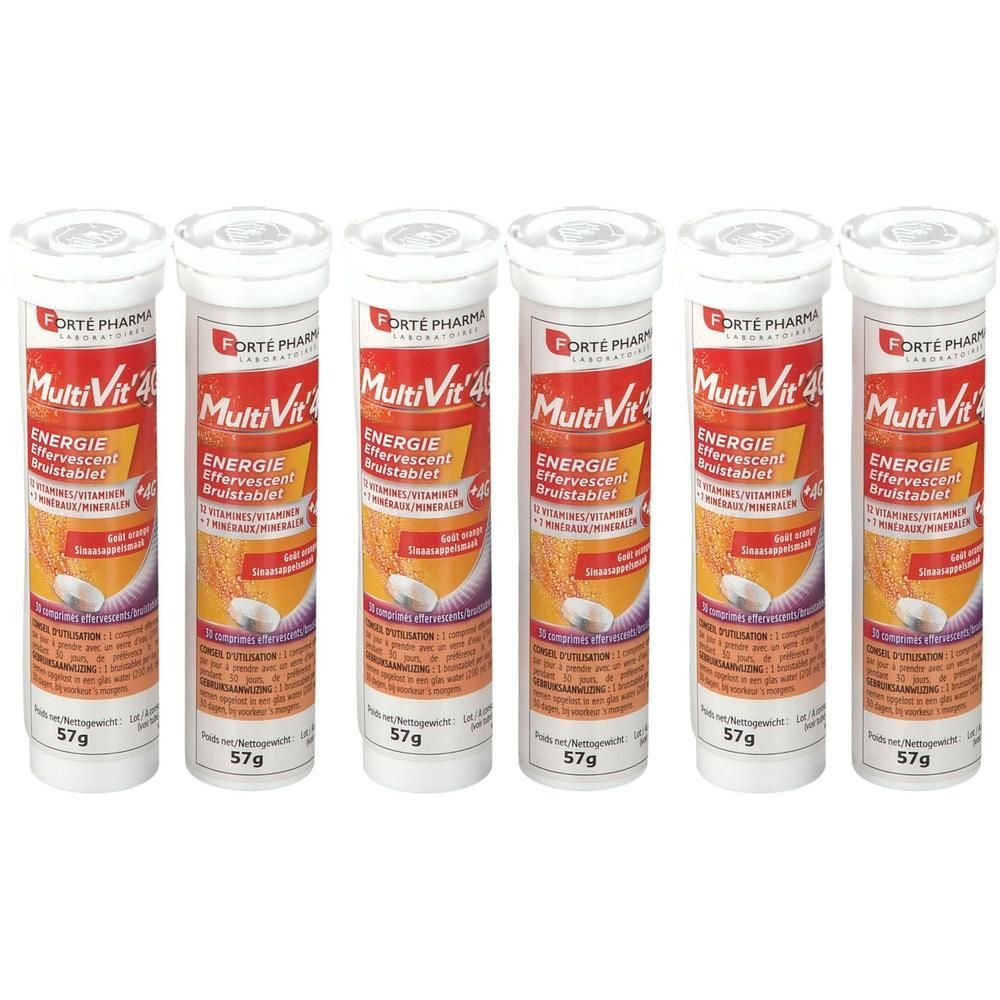 Six tubes de Forté Pharma Multivit' 4G Energie. Récipients en plastique blanc avec texte rouge et jaune. Inscription : Energie, comprimés effervescents.