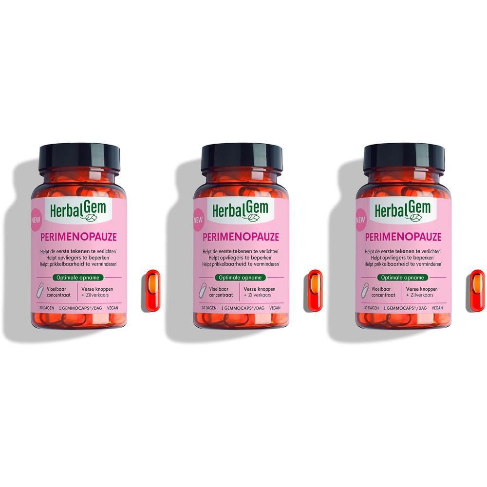 Drie flessen HerbalGem Périménopause capsules. Capsules ernaast.