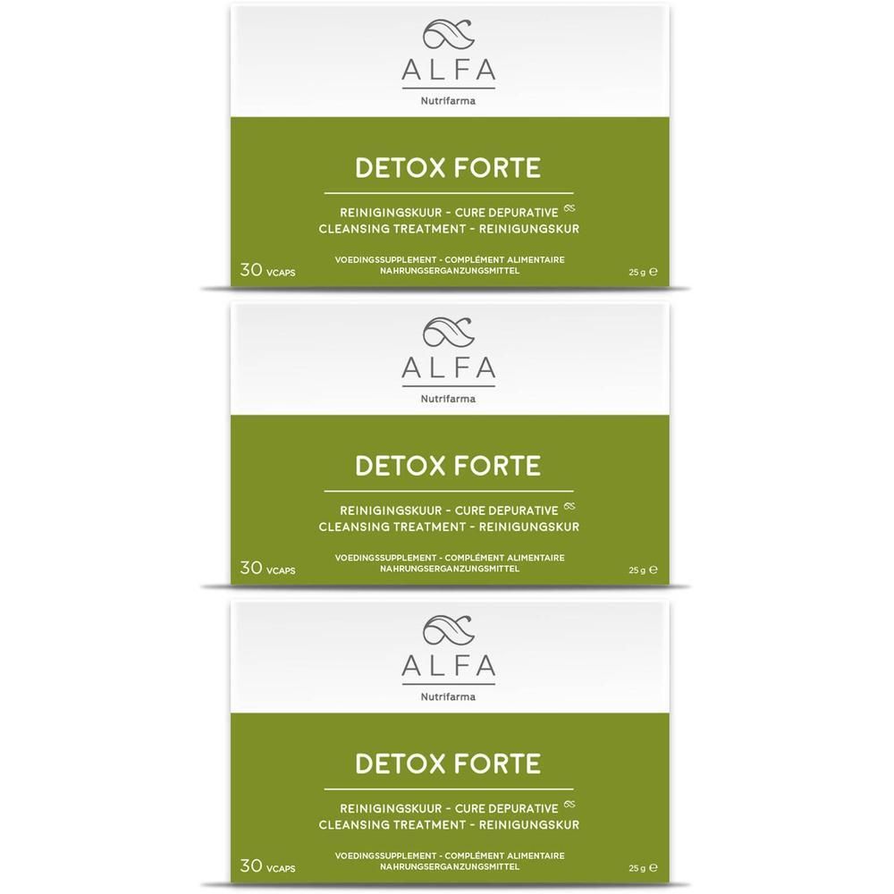 Drie dozen Alfa Detox Forte. Witte dozen met groene band. Opschrift: Detox Forte, 30 Vcaps.
