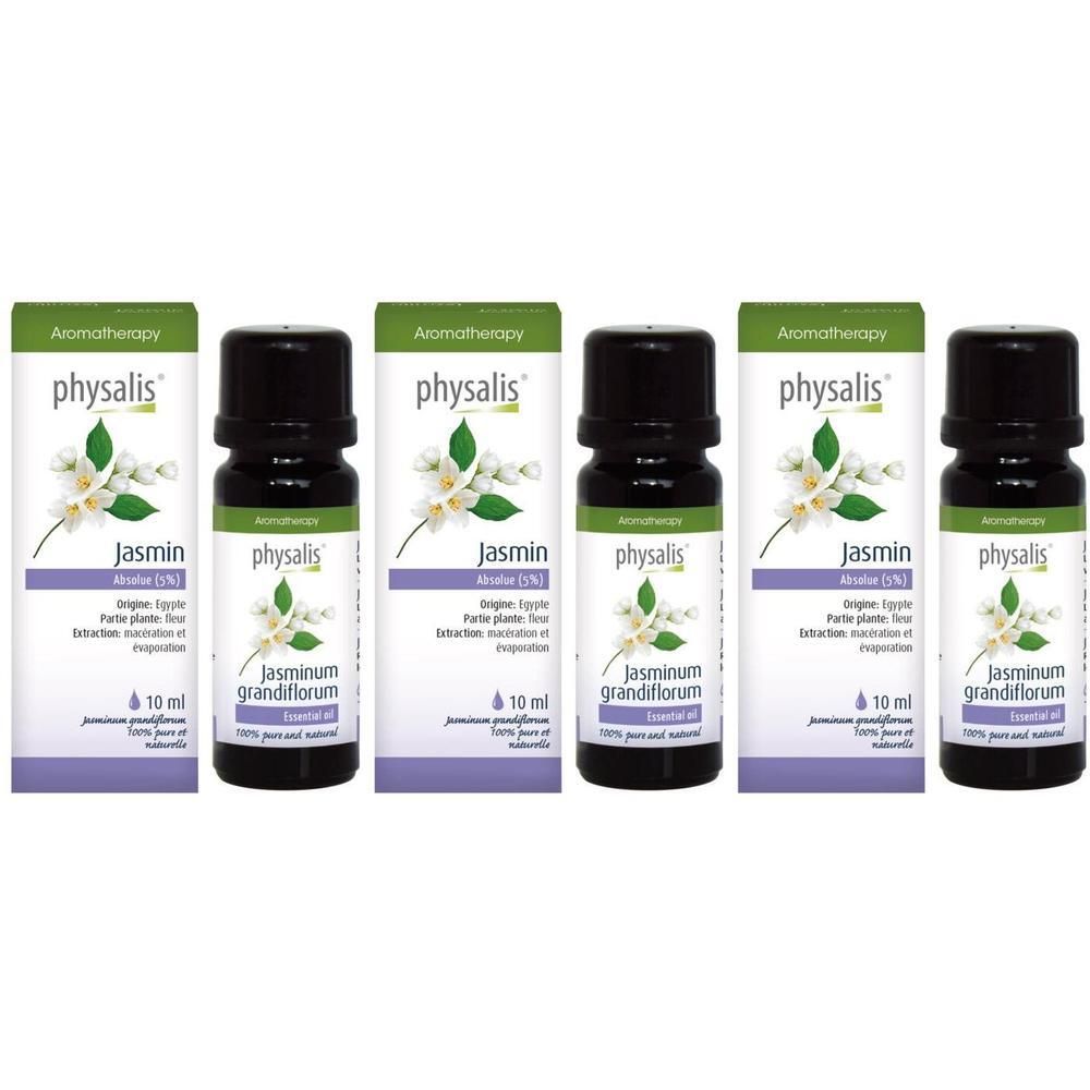 Plusieurs flacons d'Huile Essentielle Jasmin avec emballage. Inscription : physalis, Jasminum grandiflorum, 10 ml.