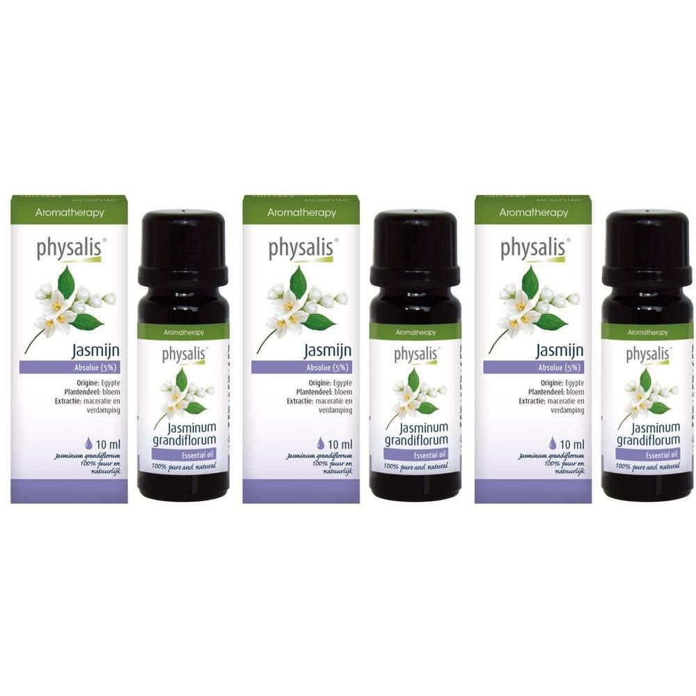 Meerdere flesjes Jasmijn Huile Essentielle met verpakking. Opschrift: physalis, Jasminum grandiflorum, 10 ml.
