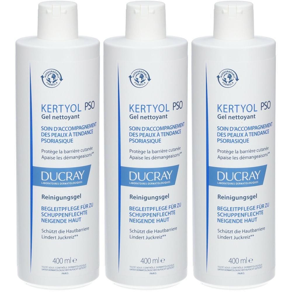 Trois flacons blancs de gel nettoyant Kertyol PSO. Étiquettes bleues et blanches avec nom et marque Ducray.