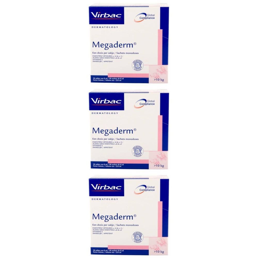 Trois boîtes rectangulaires roses et blanches. Inscription : Virbac, Megaderm, Dermatologie. Logo Global Compliance.