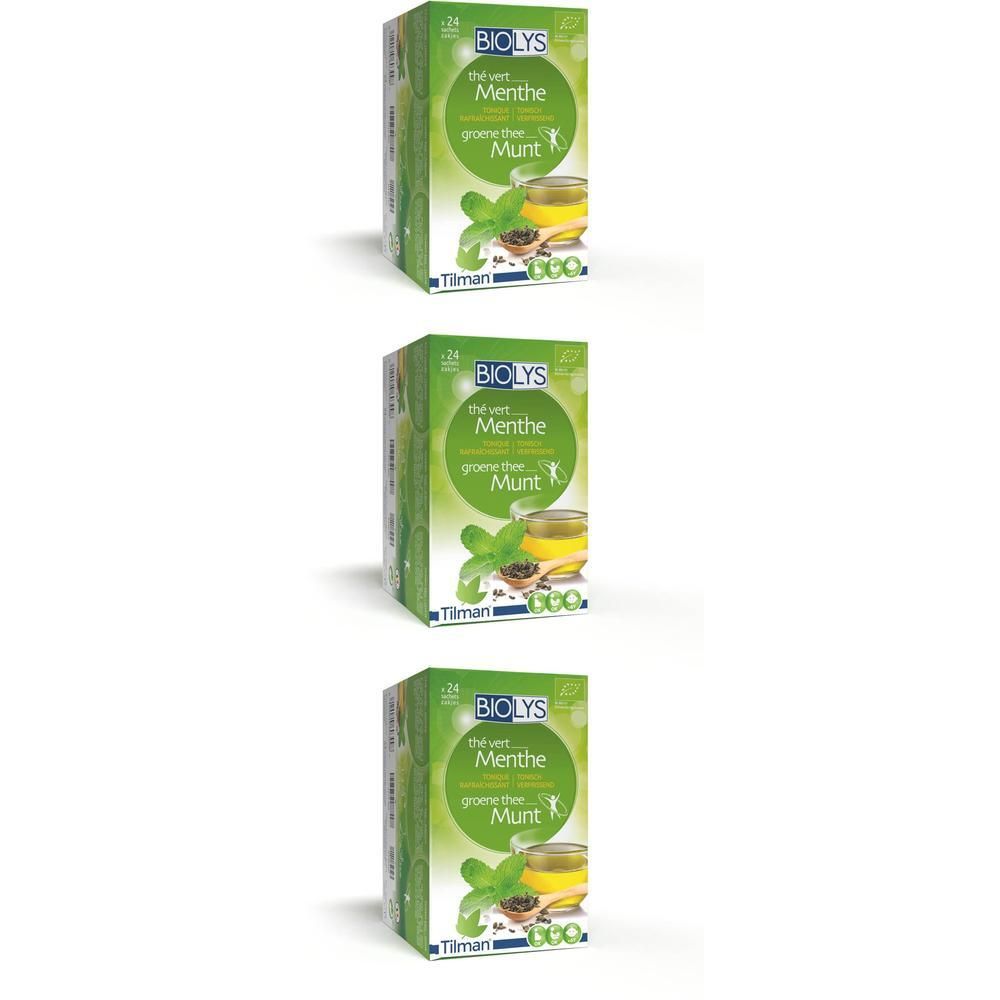 Drie groene Biolys-theedozen. Elke doos toont "Thé Vert Menthe".