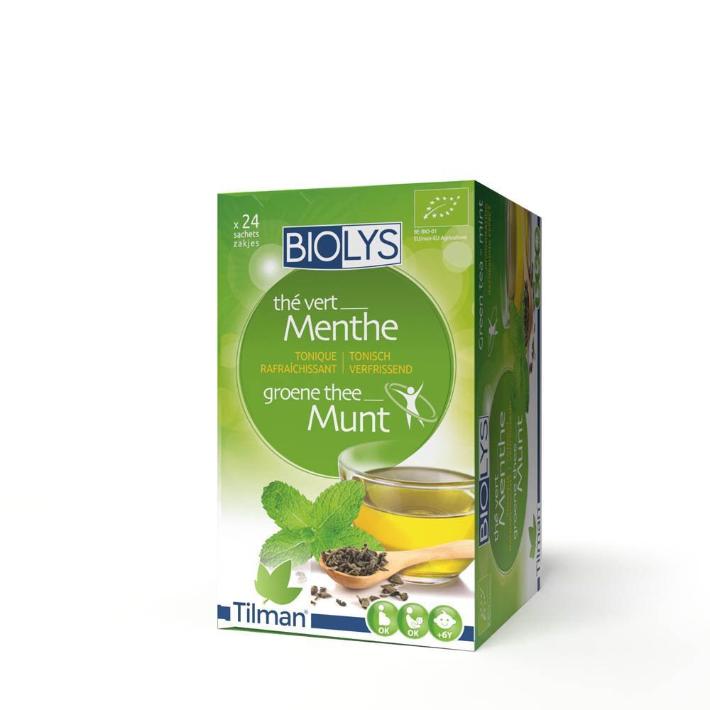 Boîte verte Biolys avec "Thé Vert Menthe". Illustration de thé et menthe.