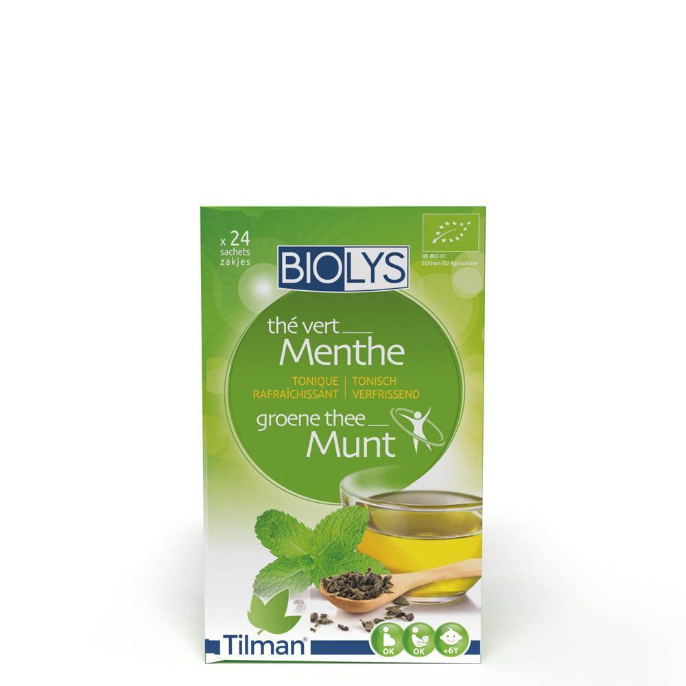 Boîte verte Biolys avec "Thé Vert Menthe". Illustration de thé et menthe.