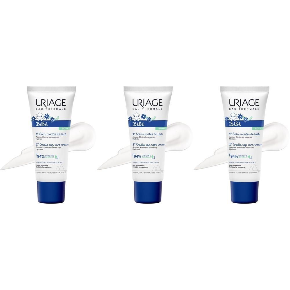 Trois tubes Uriage Bébé 1er Soin Croûtes de Lait. Tubes blancs avec inscriptions bleues et vertes. Bouchon bleu.