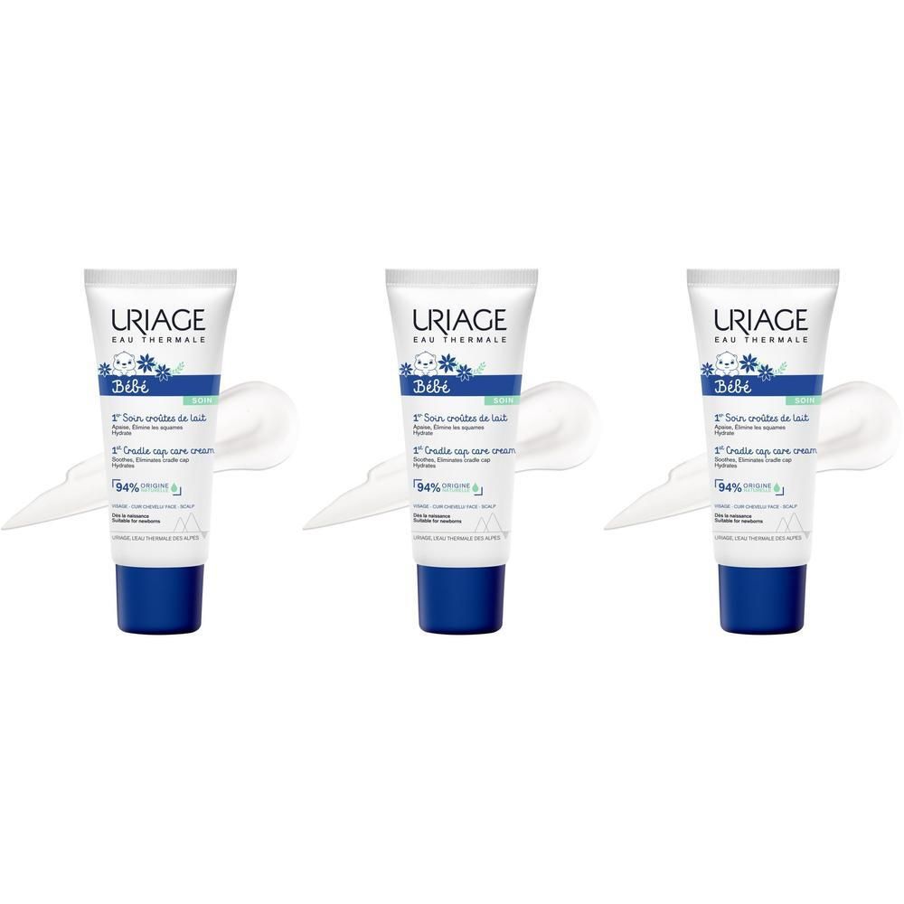 Drie tubes Uriage Bébé 1er Soin Croûtes de Lait. Witte tubes met blauwe en groene belettering. Blauwe dop.
