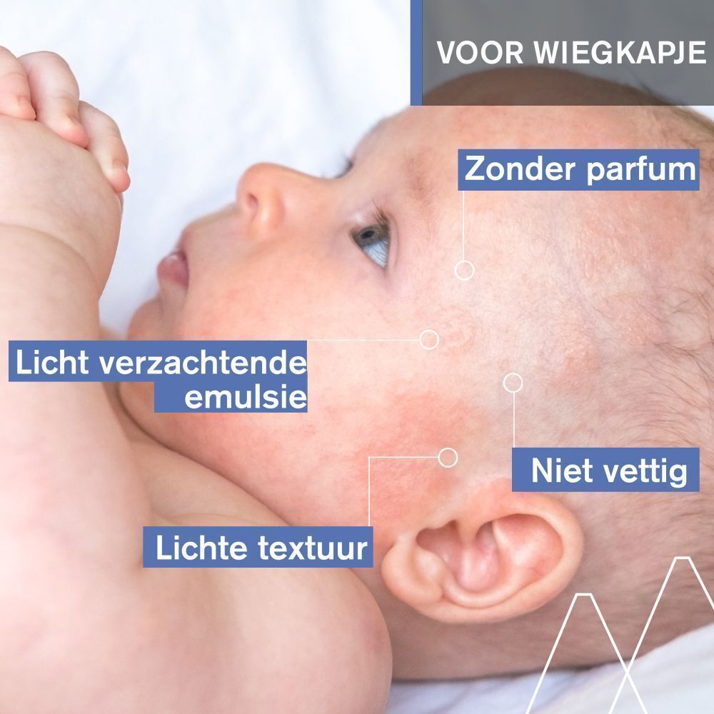 Babygezicht met tekst: Zonder parfum, Licht verzachtende emulsie, Lichte textuur, Niet vettig. Tekst in blauwe box: Voor wiegkapje.