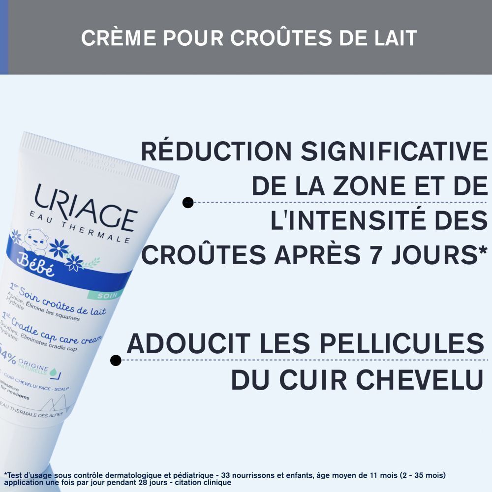 Tube Uriage Bébé 1er Soin Croûtes de Lait. Texte : Réduction significative des croûtes après 7 jours. Adoucit les pellicules du cuir chevelu.