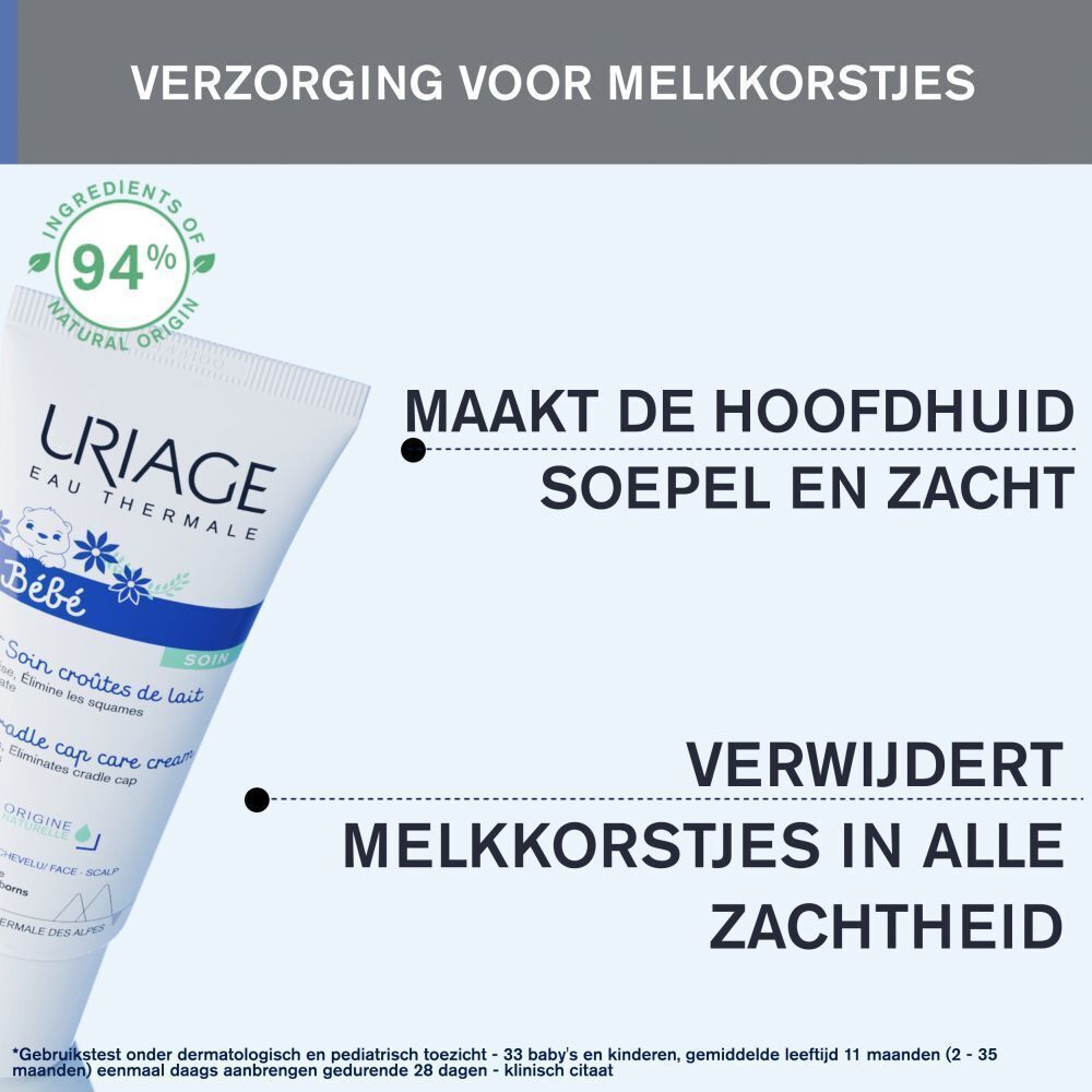 Uriage Bébé 1er Soin Croûtes de Lait tube. Tekst: Maakt de hoofdhuid soepel en zacht. Verwijdert melkkorstjes in alle zachtheid.