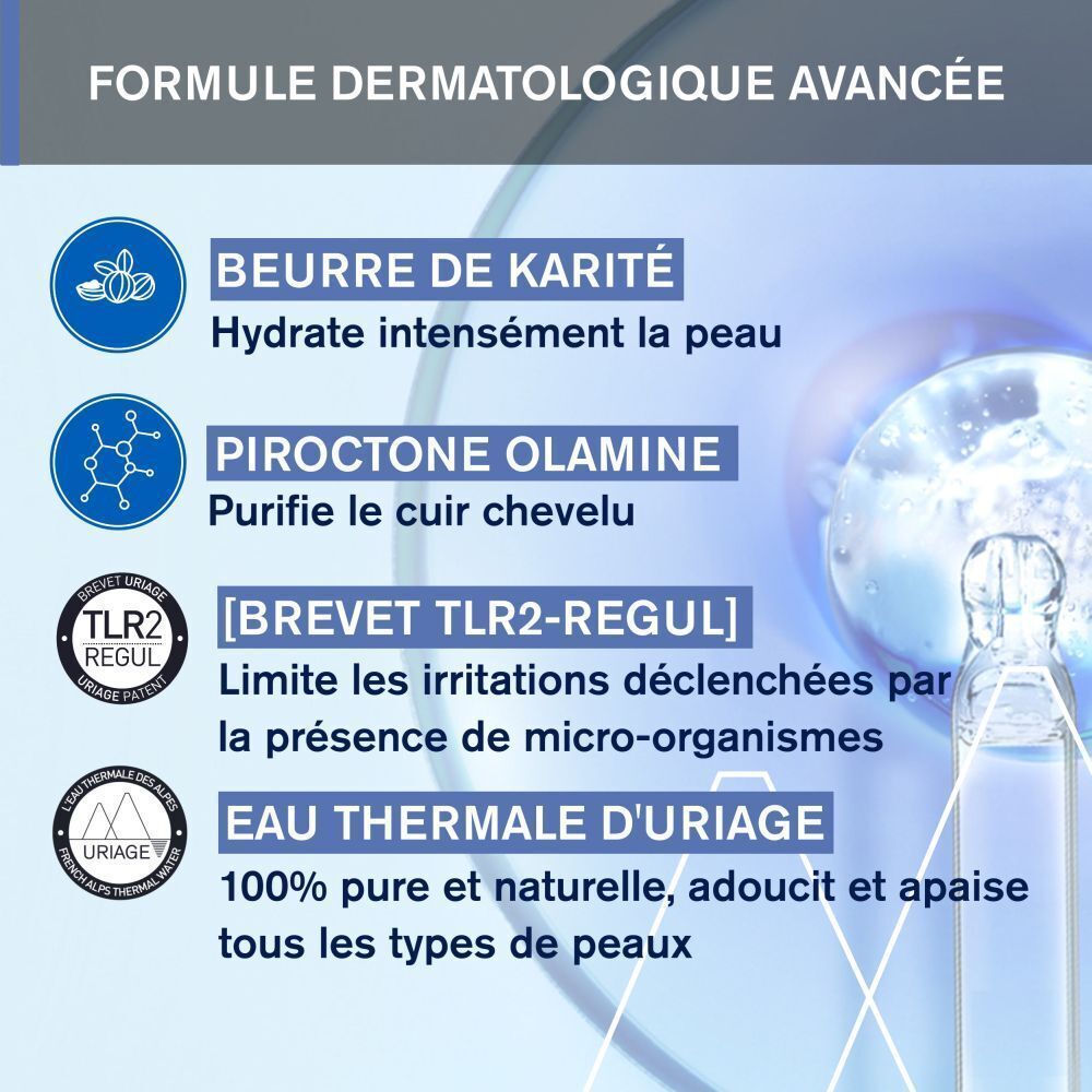 Texte : Beurre de Karité, Piroctone Olamine, [BREVET TLR2-REGUL], Eau Thermale d'Uriage. Logos et icônes.