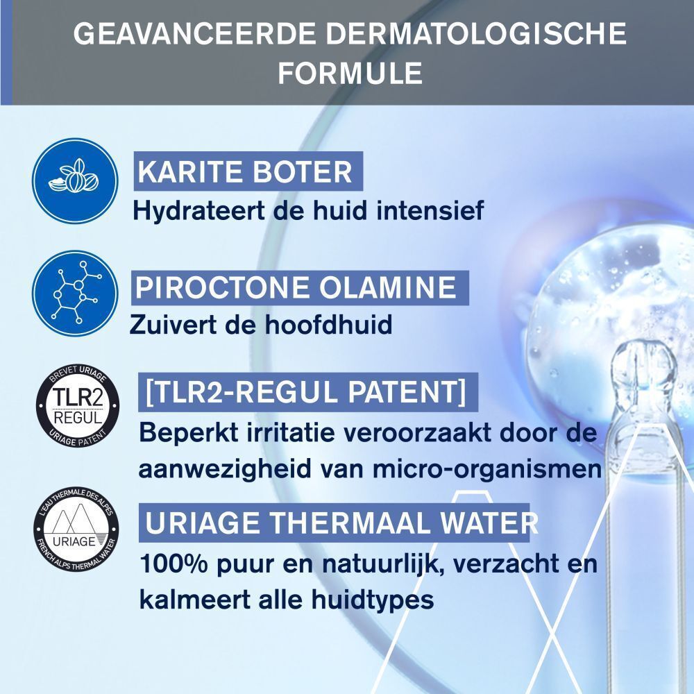 Tekst: Karité boter, Piroctone Olamine, [TLR2-REGUL PATENT], Uriage thermaal water. Logo's en iconen.
