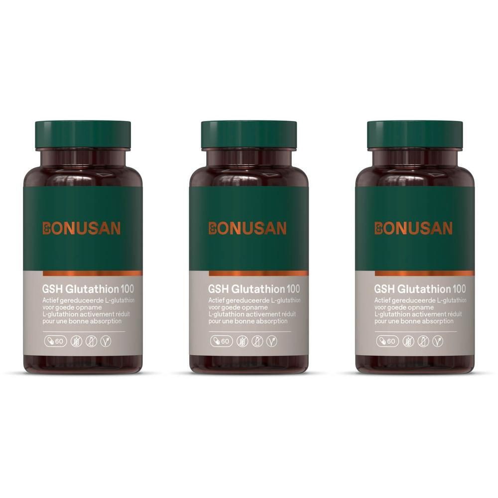 Drie flessen Bonusan GSH Glutathion 100. Bruine glazen flessen met groene dop en etiket. Opschrift: BONUSAN, GSH Glutathion 100.
