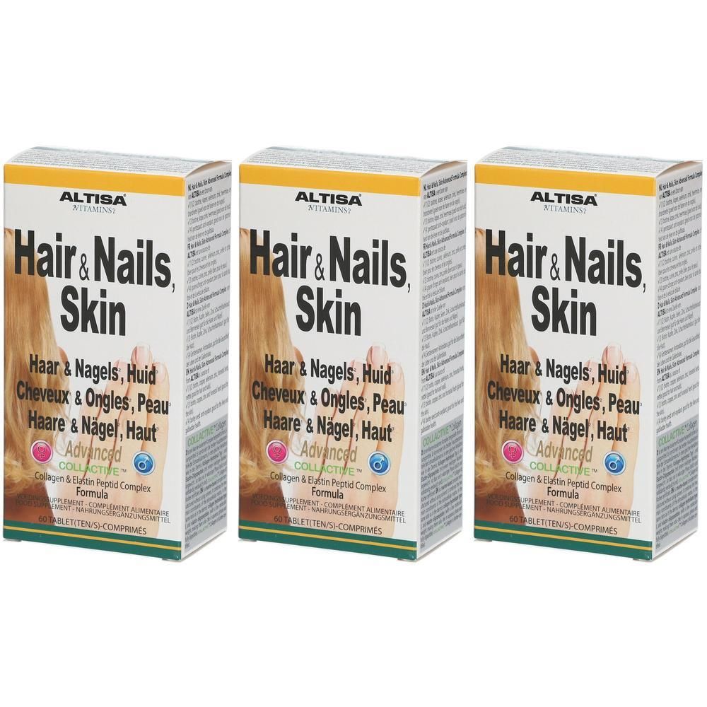 Trois boîtes "Hair & Nails Skin". Inscriptions en allemand, néerlandais, français et anglais. Emballage jaune et blanc.