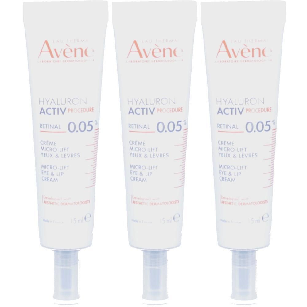 Drie crèmetubes. Elke tube heeft de opschriften "Avène", "Hyaluron Activ Procedure Retinal 0.05%" en "Crème micro-lift yeux & lèvres".